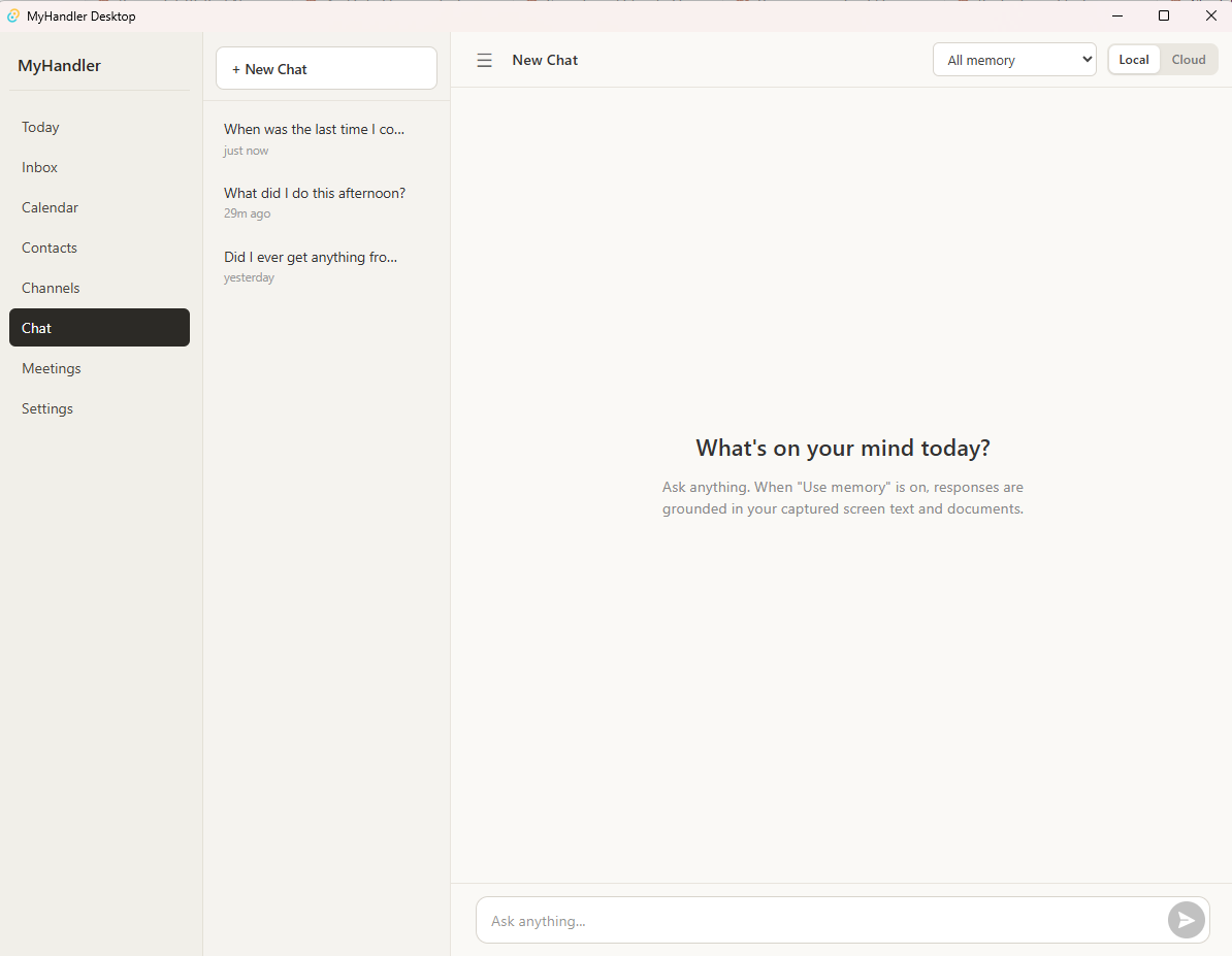 MyHandler Desktop chat interface showing a Local/Cloud memory toggle and conversation history